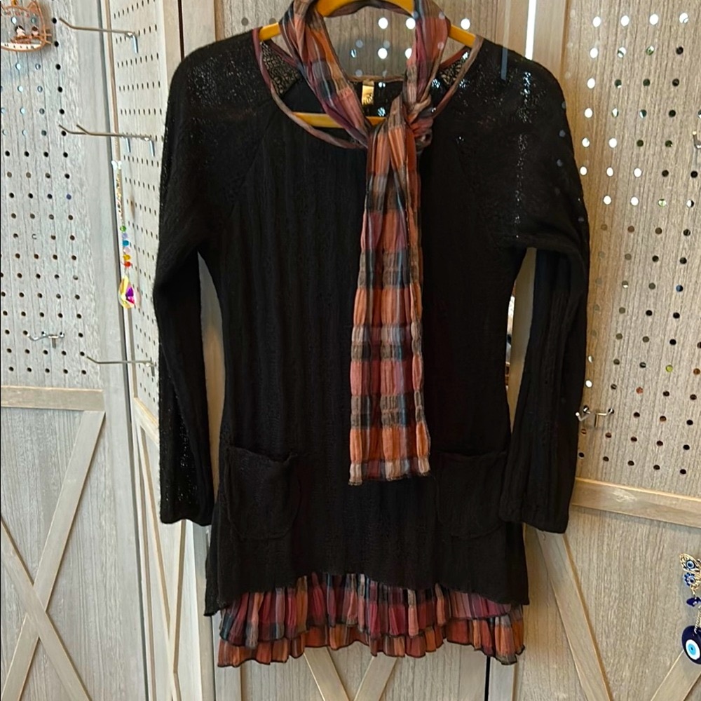 Black Long Sleeve Dress with Scarf, Size S.